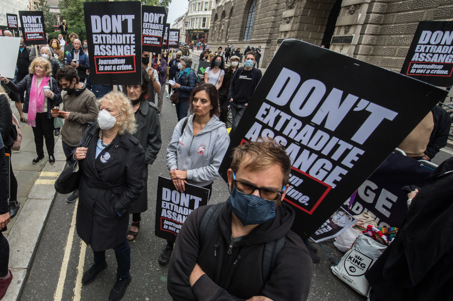 Julian Assange supporters gather outside Central Criminal Court in London, September 07, 2020.
Credit: Guy Smallman