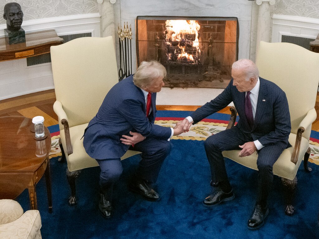 President Joe Biden greets president-elect Donald Trump, Wednesday, November 13, 2024, in the Oval Office.
